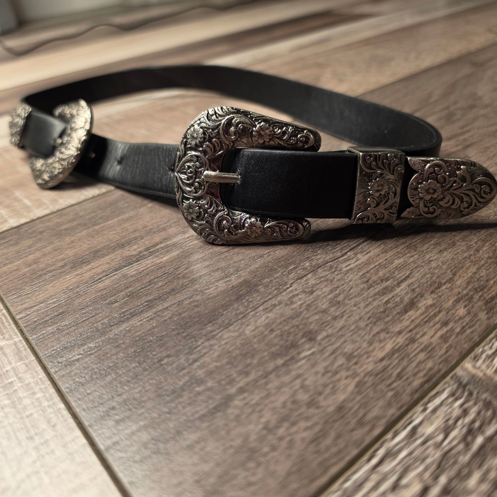 Womens Double Buckle Western Belt Black Silver Floral Engraved Hardware Boho